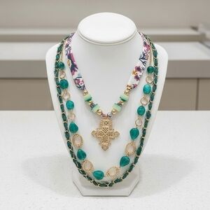 Mixed Charm Beaded Fabric Scarf Layered Necklace